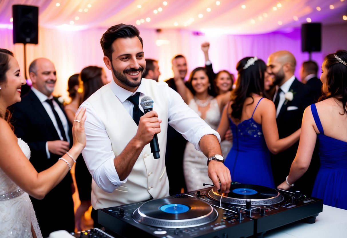 A wedding DJ with a smile, surrounded by dancing guests, holding a microphone and adjusting the music on a turntable
