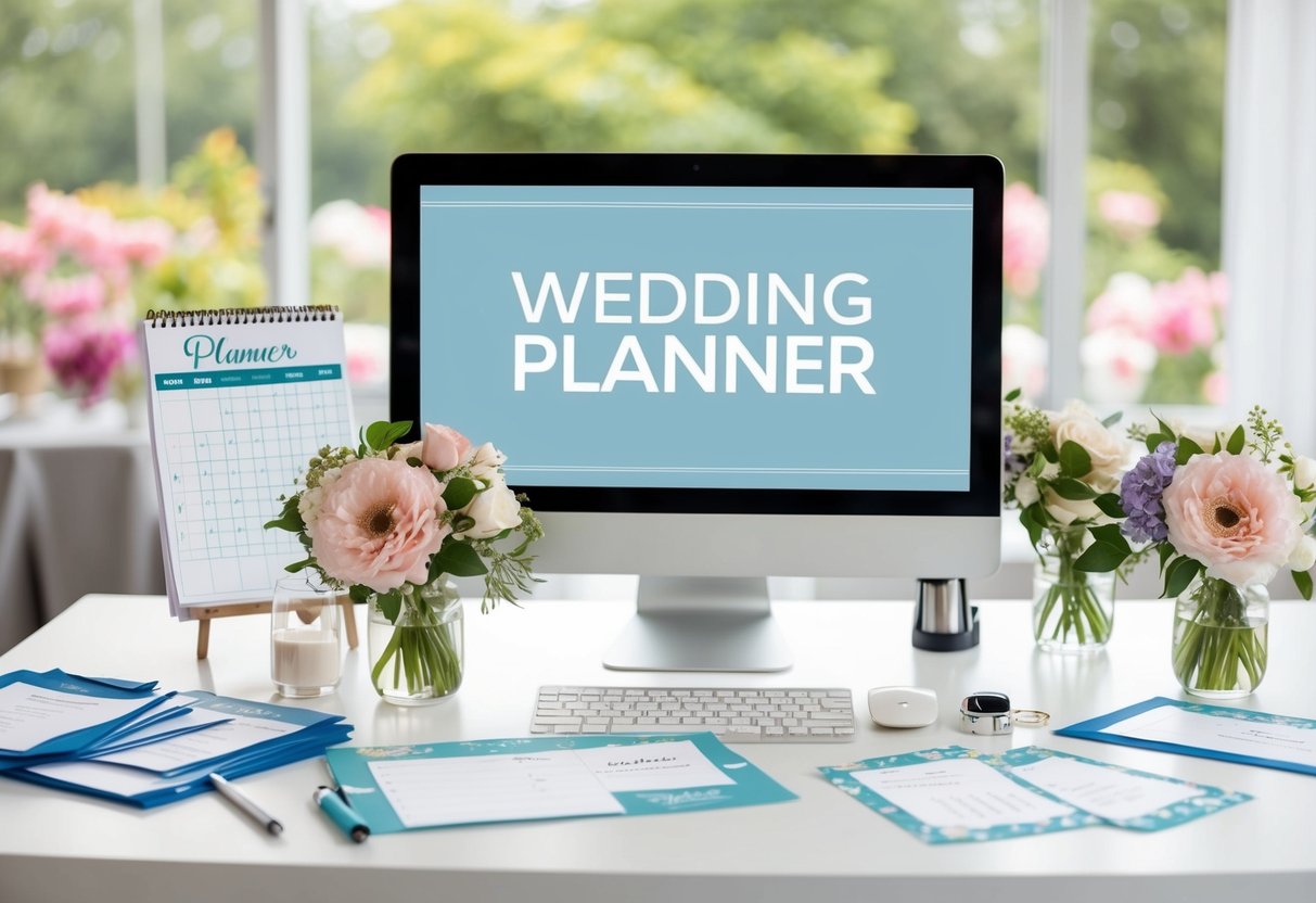 A wedding planner's desk with a computer, calendar, checklist, and pen. Flowers, fabric swatches, and invitations scattered around