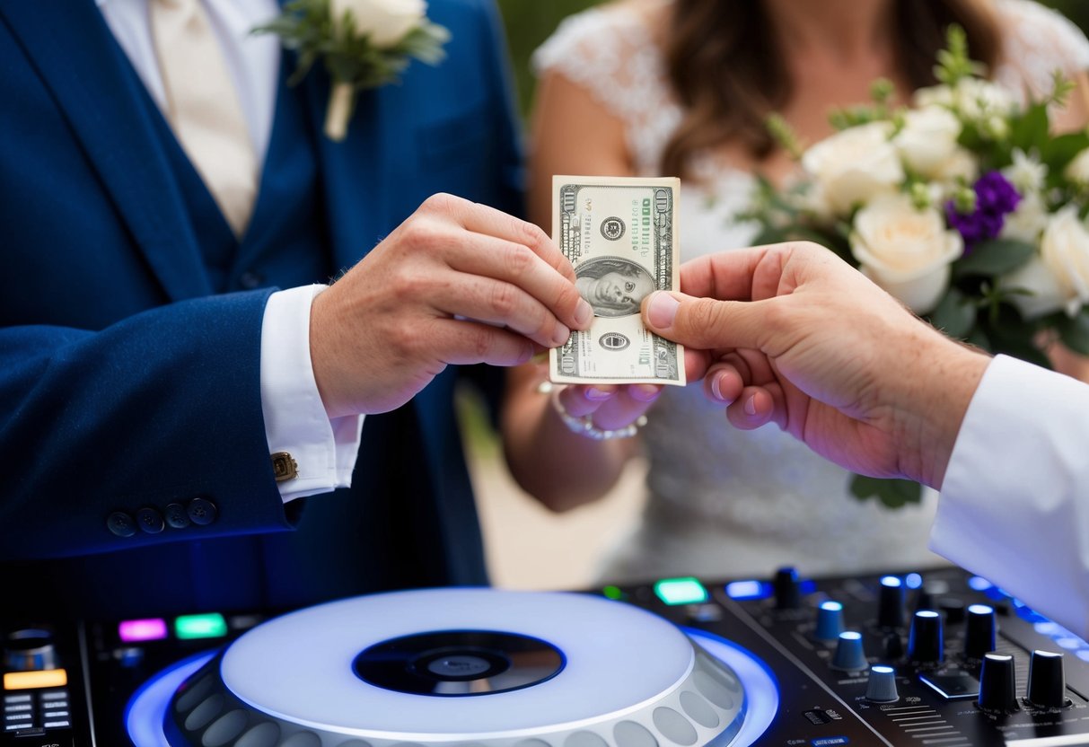 A newlywed couple placing cash in an envelope and handing it to the wedding DJ as a tip