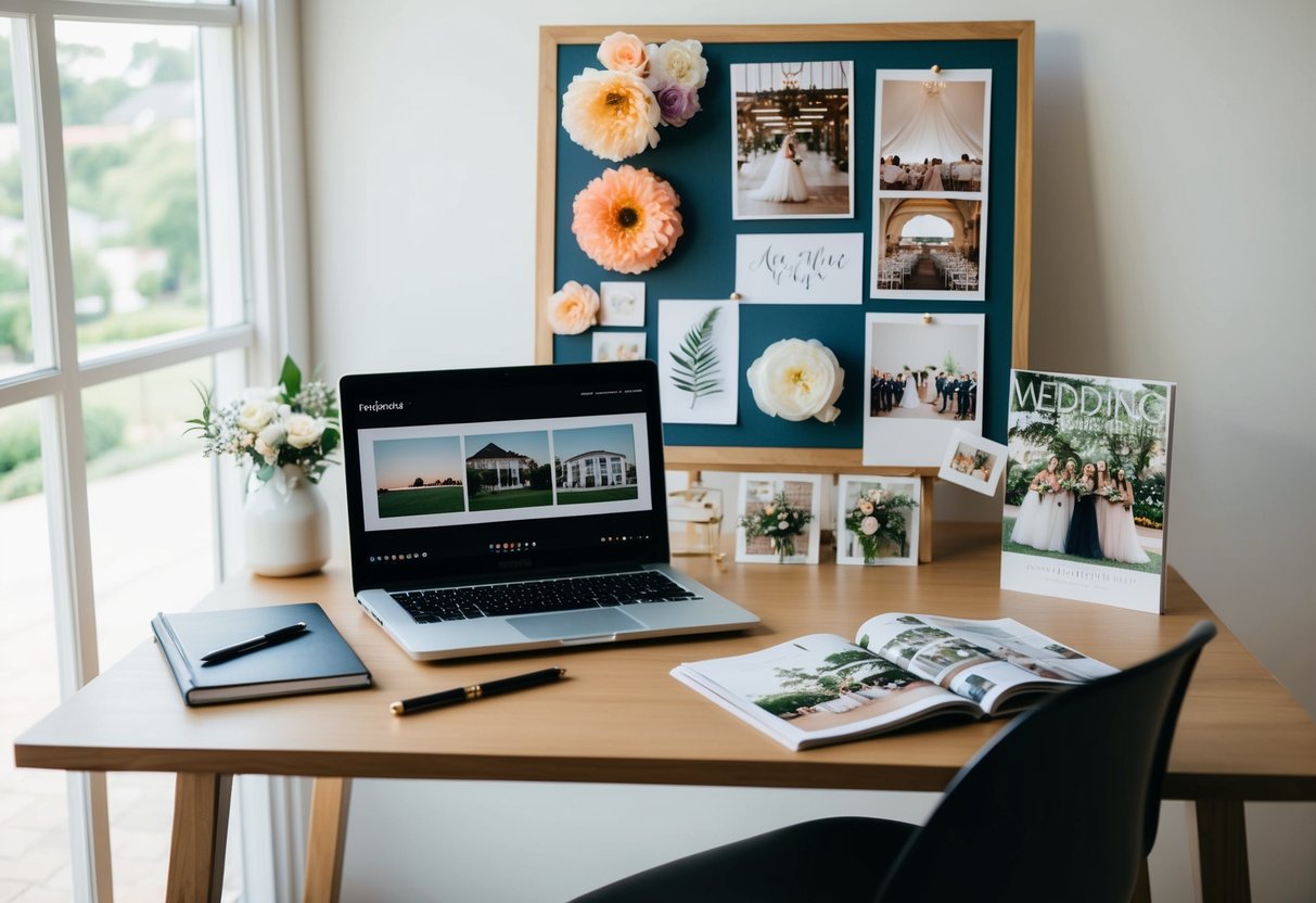 A desk with a laptop, notebook, pen, and wedding magazines. A mood board with fabric swatches, flower samples, and venue photos
