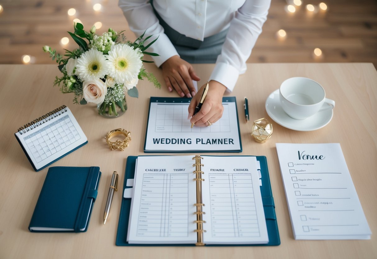 A wedding planner surrounded by a variety of items such as a calendar, checklist, pen, flowers, and venue options