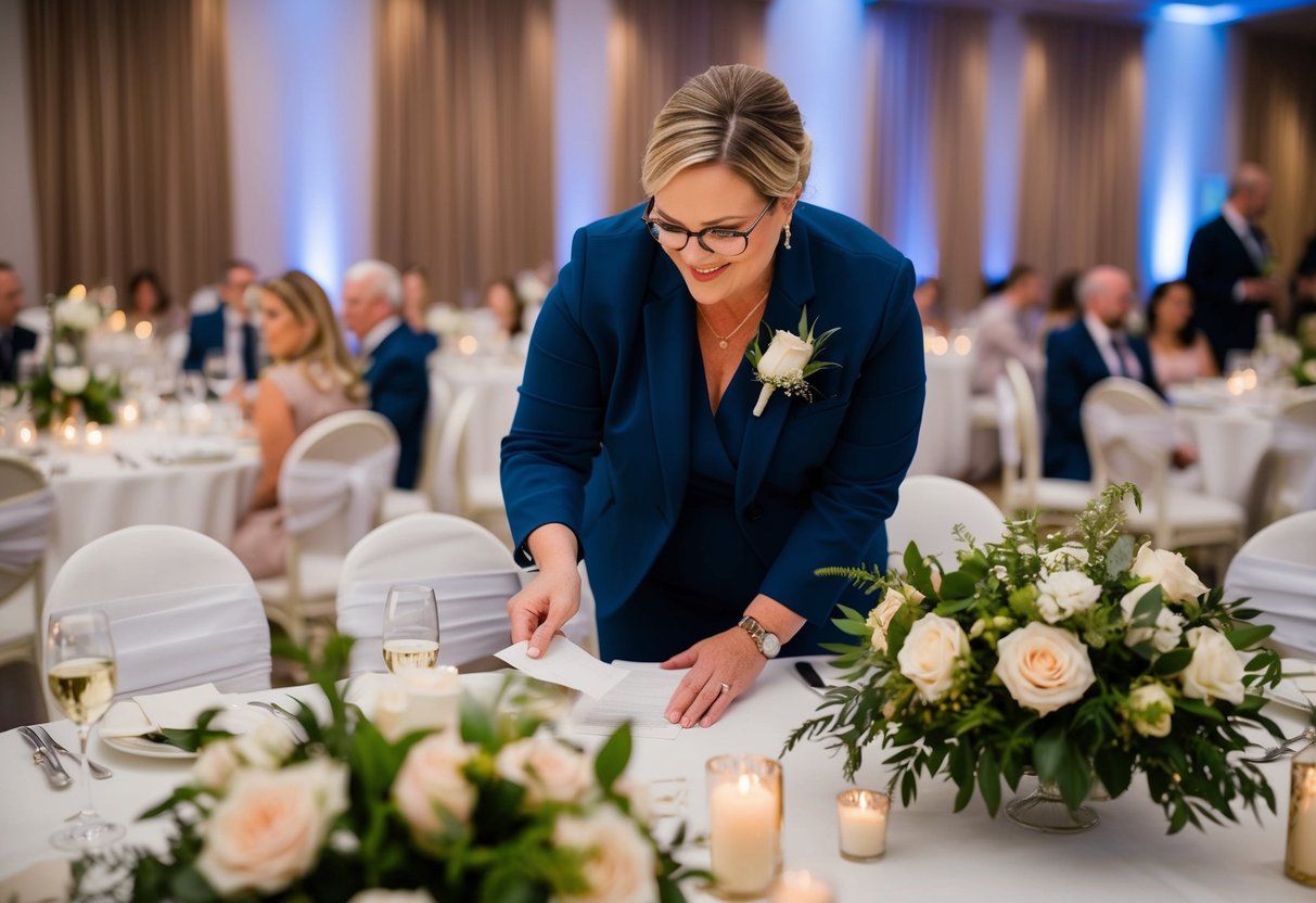 A wedding planner coordinating seating arrangements and floral arrangements for a reception