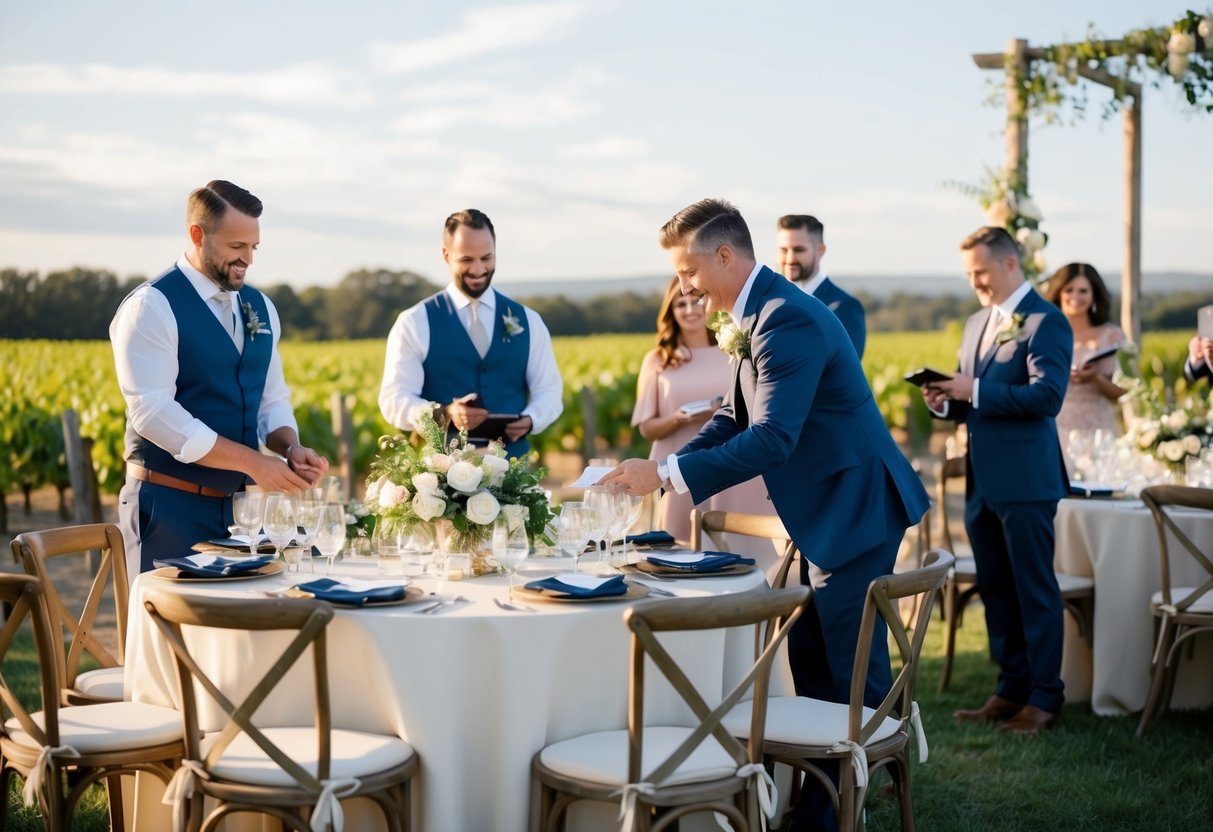 A wedding planner coordinating vendors, seating, and decor for a luxurious outdoor ceremony and reception at a vineyard