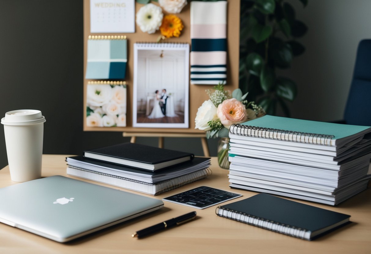 A desk with a laptop, notebook, pen, and calendar. A stack of wedding magazines and a mood board with fabric swatches and flower samples