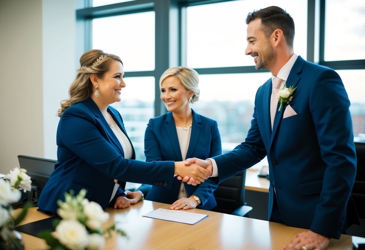 A couple hands over a check to a wedding planner at a desk in an office. The planner smiles and shakes their hand