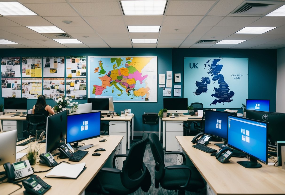 A bustling office with multiple desks, computers, and phones. A wall covered in colorful wedding inspiration boards and a large map of the UK