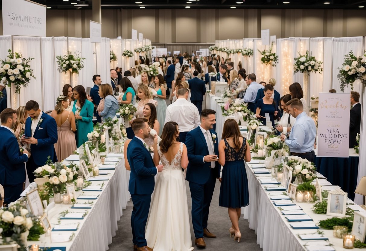 A bustling wedding expo with rows of booths, each adorned with elegant decorations and promotional materials. Couples chat with wedding planners and browse through sample designs