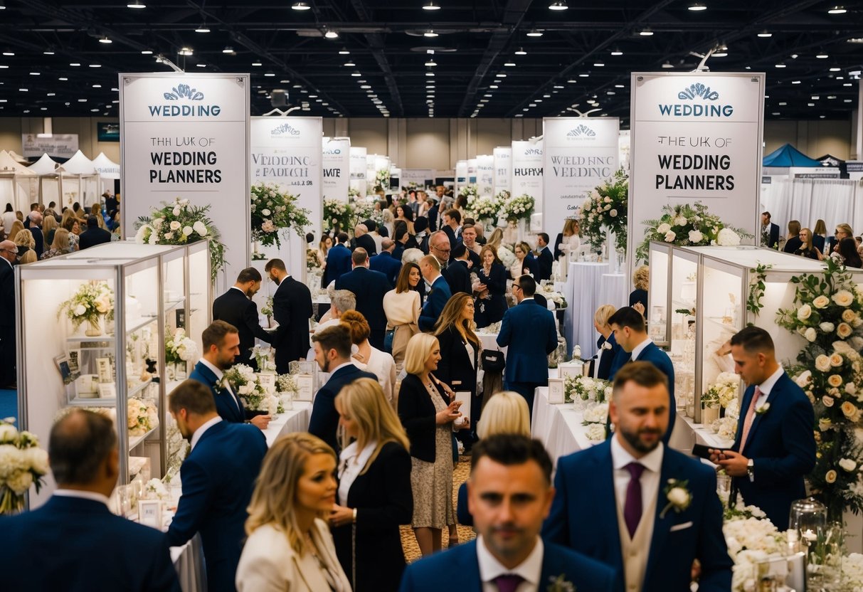 A bustling wedding expo with numerous booths and displays showcasing the work of various wedding planners in the UK