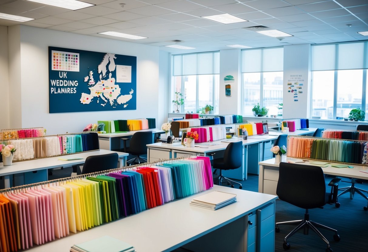 A bustling office with rows of desks, each adorned with colorful mood boards and fabric swatches. A wall displays a map of the UK with pins marking the locations of wedding planners