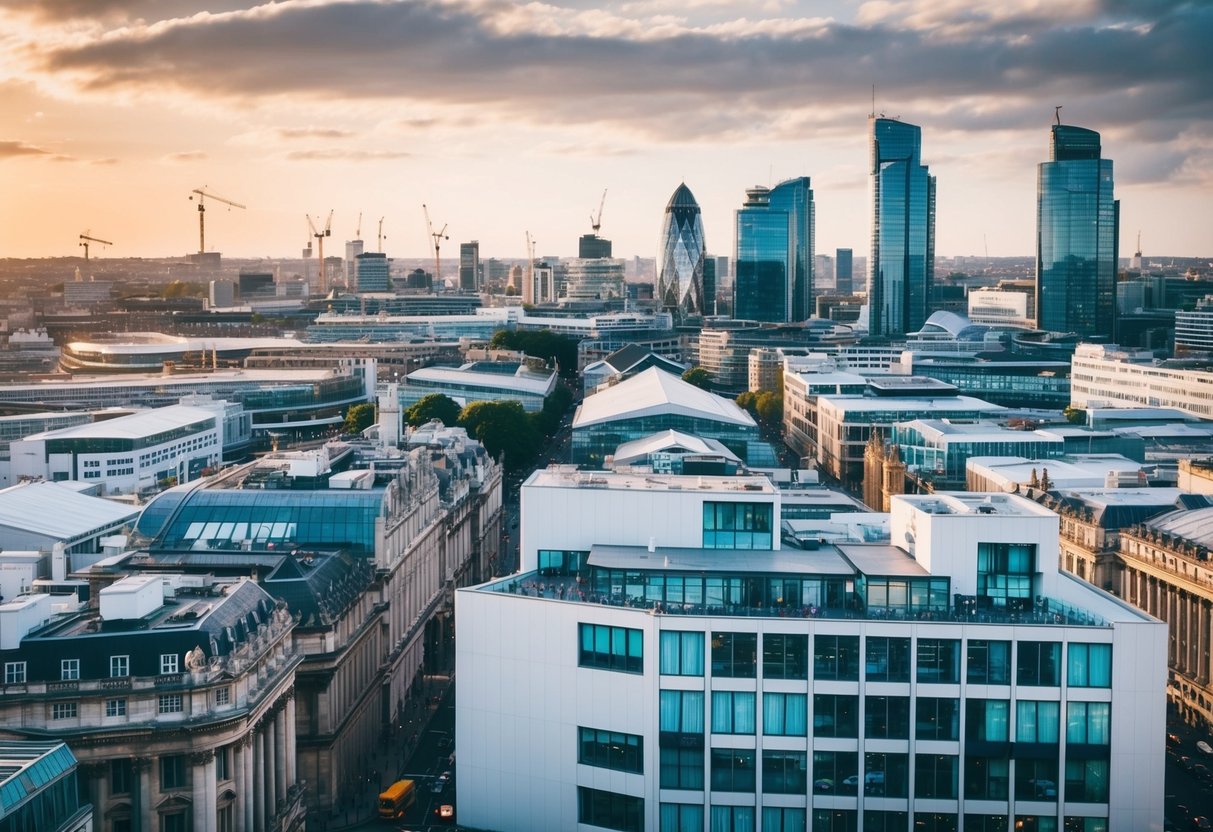 A bustling cityscape with various wedding venues and planners' offices, showcasing the diverse and growing industry of wedding planning in the UK