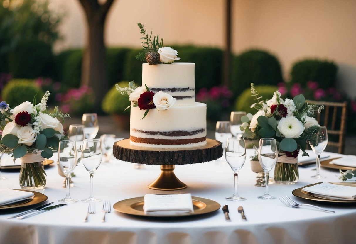 A table with a wedding cake, floral centerpieces, and place settings