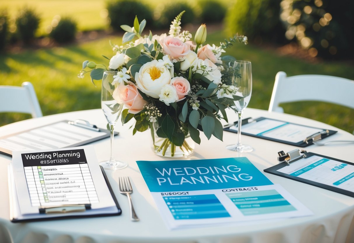 A table with wedding planning essentials: checklist, budget spreadsheet, vendor contracts, seating chart, and floral arrangements