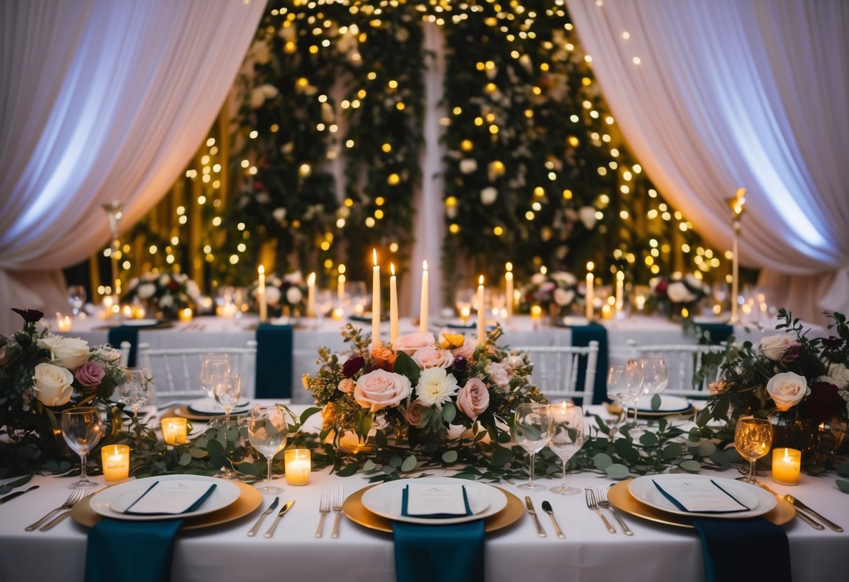 A table adorned with floral centerpieces, elegant place settings, and glowing candles. A backdrop of draped fabric and twinkling lights creates a romantic atmosphere