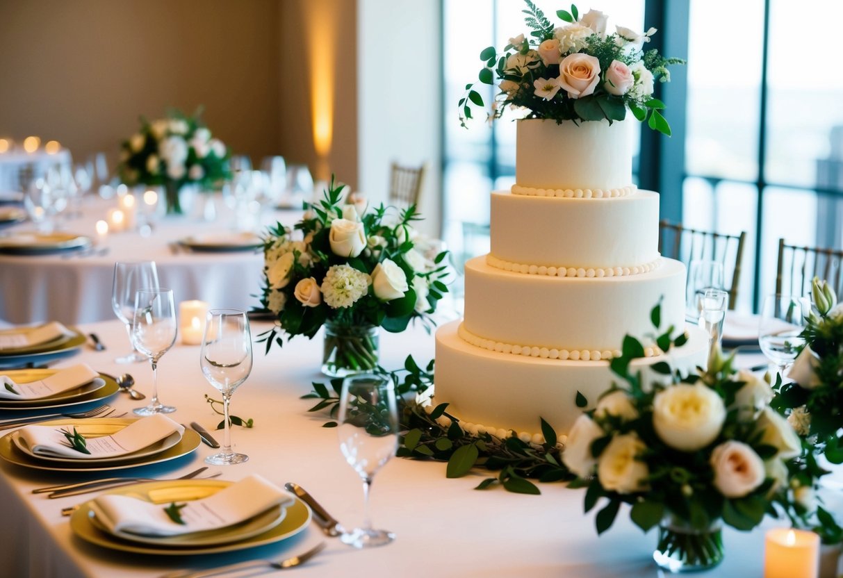 A table adorned with floral centerpieces, place settings, and a tiered wedding cake. Bouquets and boutonnieres arranged nearby