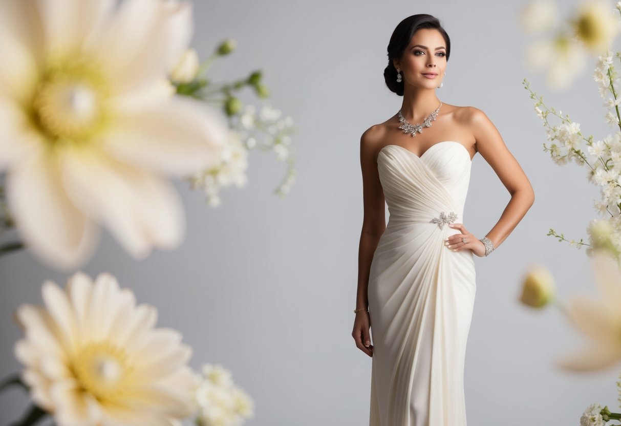 A woman's elegant dress drapes softly, creating a slender silhouette. She stands confidently, surrounded by delicate flowers and sparkling jewelry