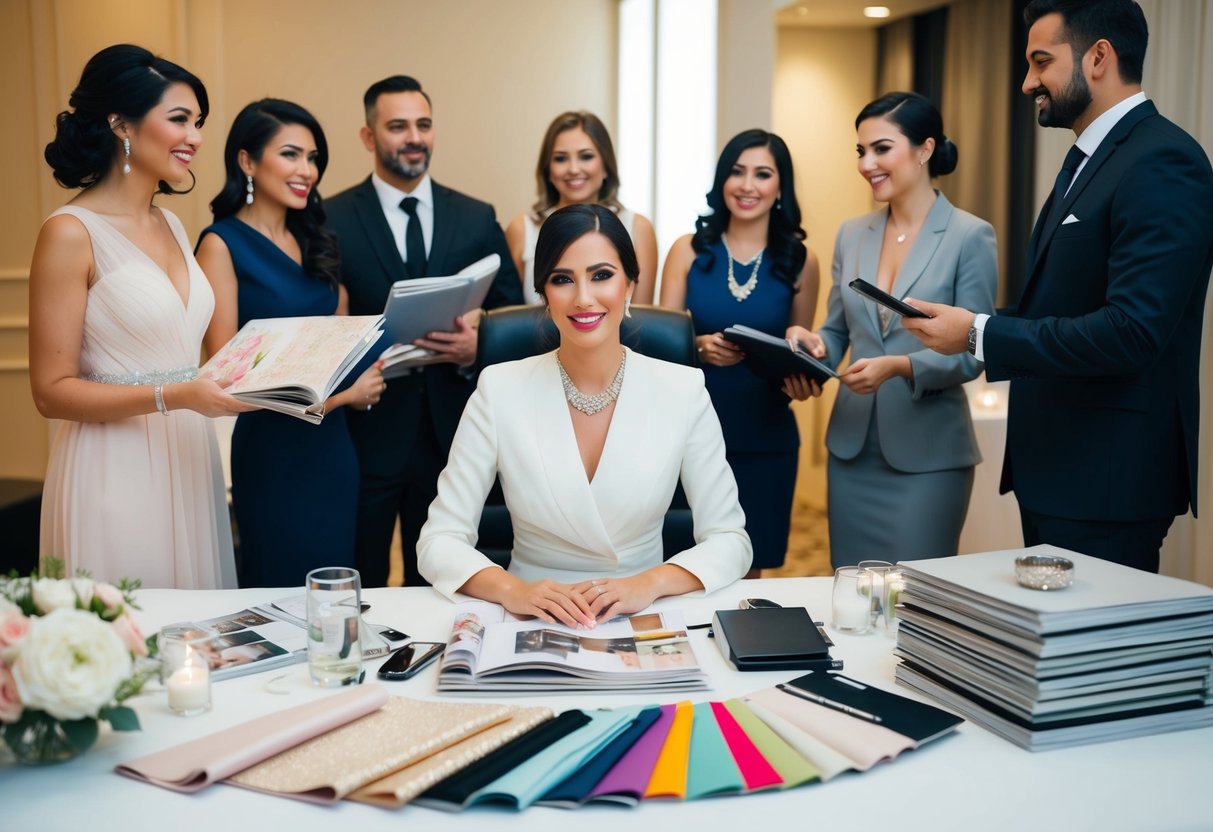 A wedding planner sits at a desk adorned with bridal magazines and fabric swatches, while an event planner organizes a corporate gala with a team of staff