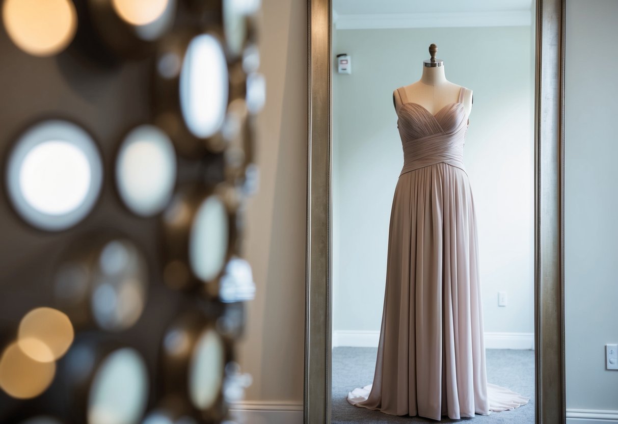 A mannequin wearing a figure-flattering mother of the bride dress, with a cinched waist and flowing skirt, standing in front of a full-length mirror