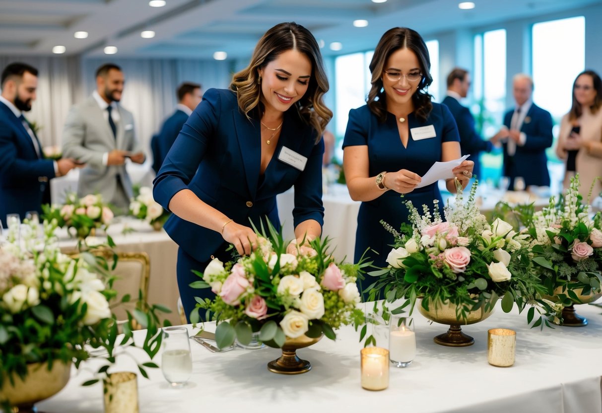 A wedding planner arranging floral centerpieces, while an event planner coordinates a variety of vendors and activities for a corporate event
