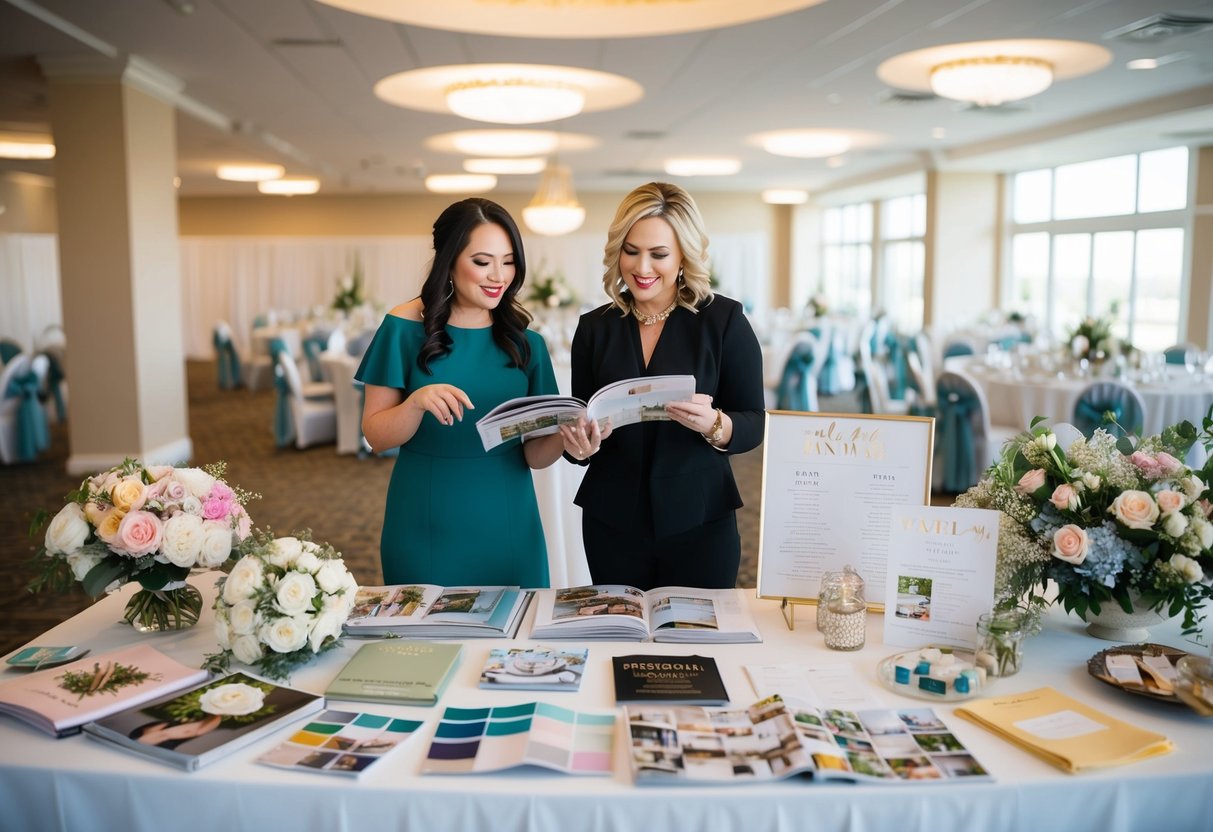 A wedding planner is surrounded by bridal magazines, swatches of fabric, and floral arrangements, while an event planner is surrounded by a variety of event decor, catering menus, and venue options
