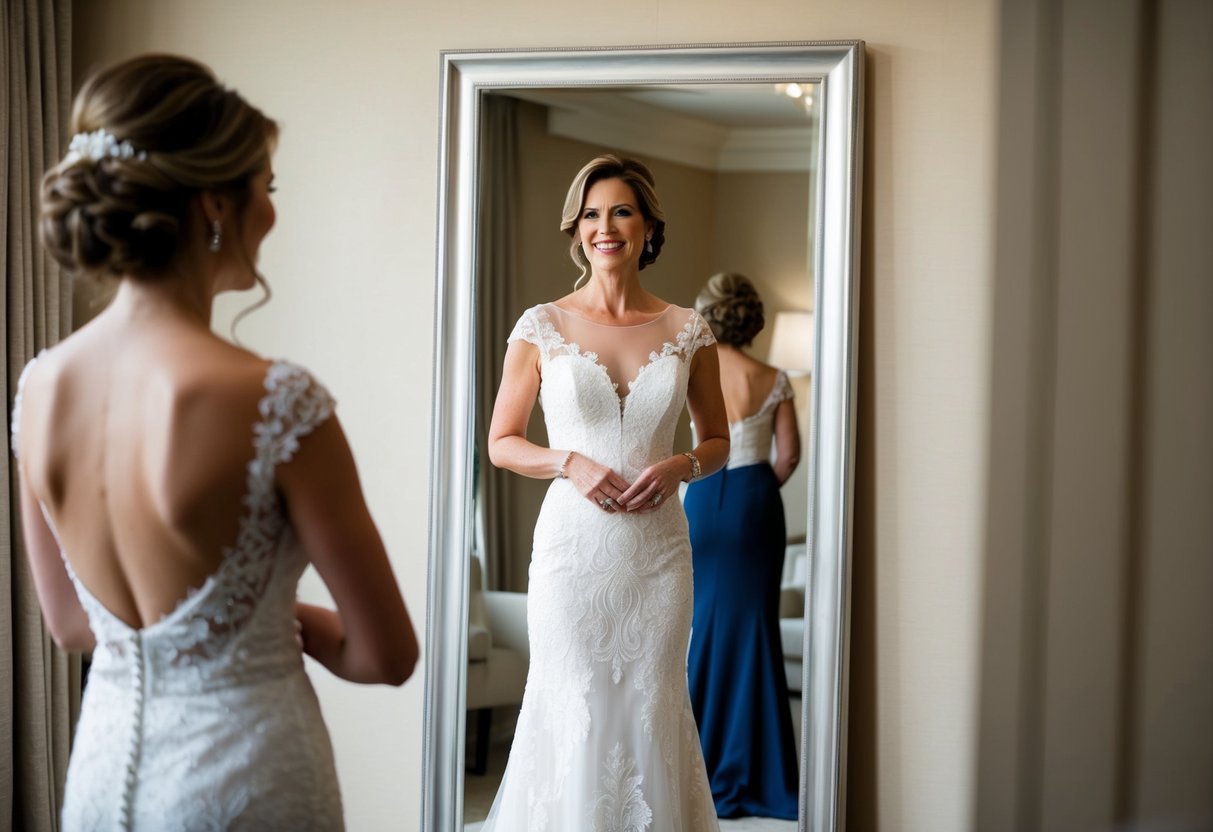 A mother of the bride stands in front of a full-length mirror, adjusting her elegant gown with a satisfied smile. She stands tall and confident, exuding grace and poise