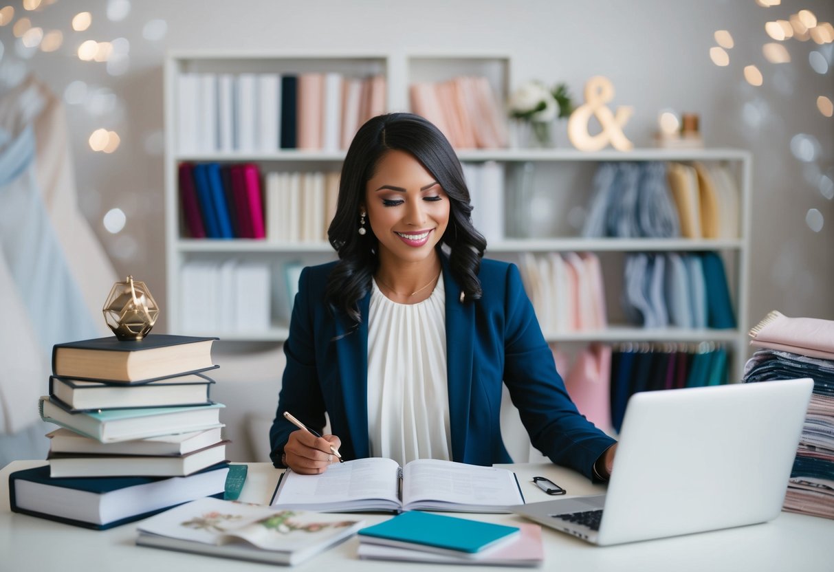 A wedding planner researching various majors at a desk with books, a laptop, and notes, surrounded by wedding magazines and fabric swatches