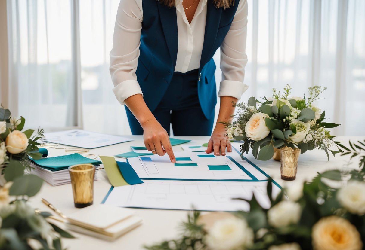 A wedding planner surrounded by design sketches, fabric swatches, and floral arrangements, working on a floor plan for a reception venue