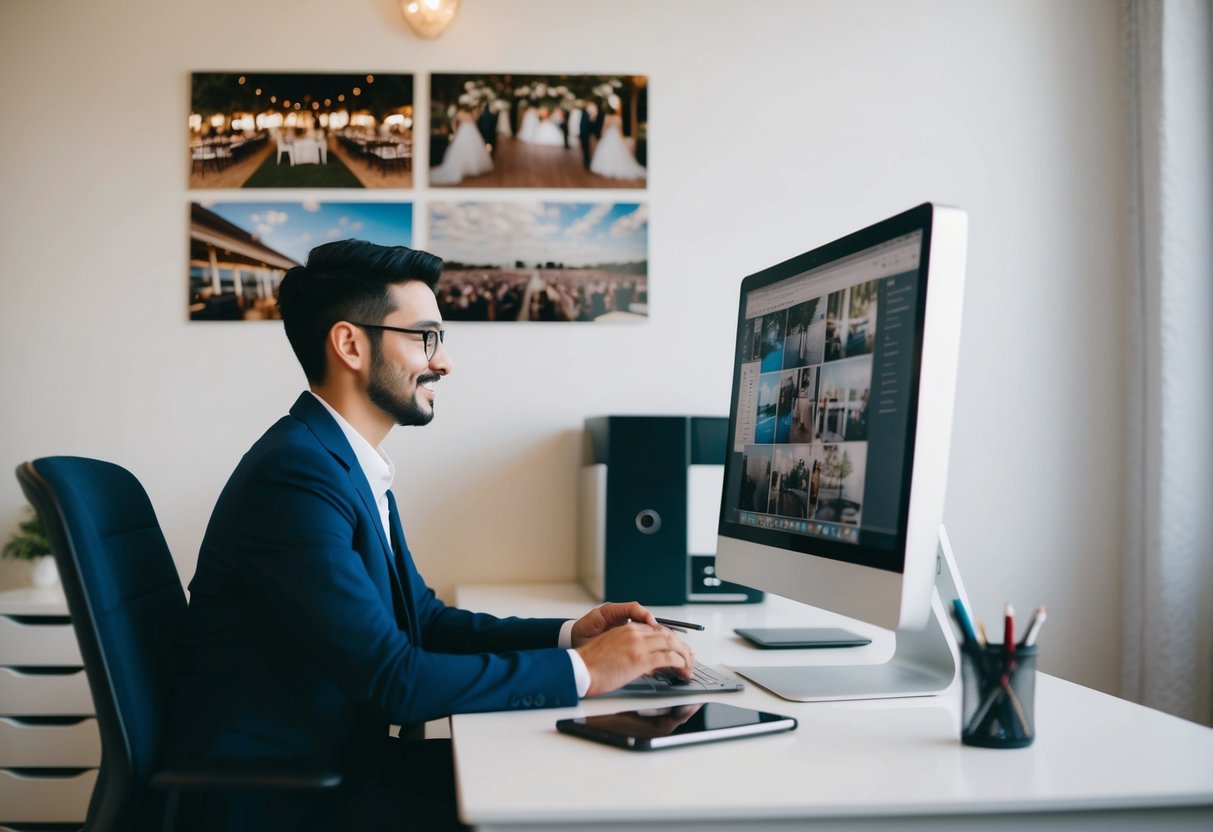 A person at a desk with a computer, phone, and planner. A wedding venue and decor images on the wall
