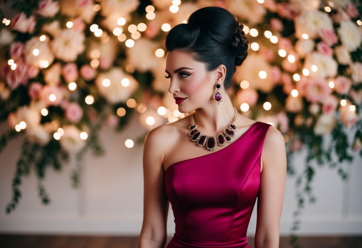 A sleek, elegant dress in a rich color, paired with statement jewelry and a chic updo, set against a romantic backdrop of flowers and twinkling lights