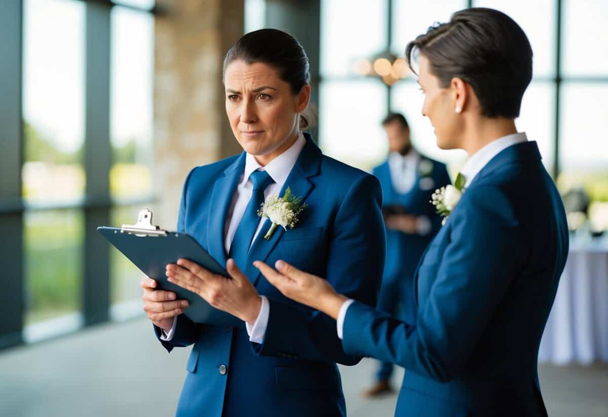 A person shaking their head with a firm expression, while the wedding coordinator holds a clipboard and gestures towards a venue