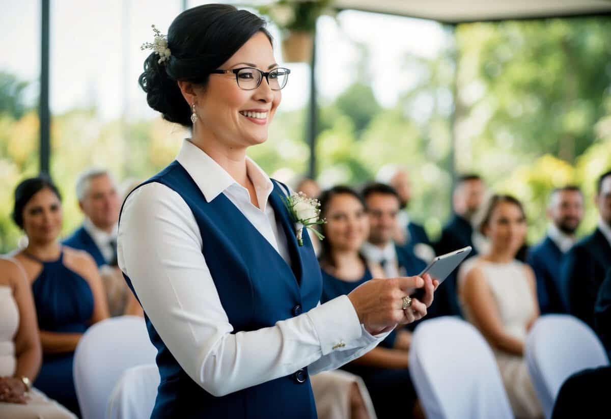 A wedding coordinator politely declining with a smile