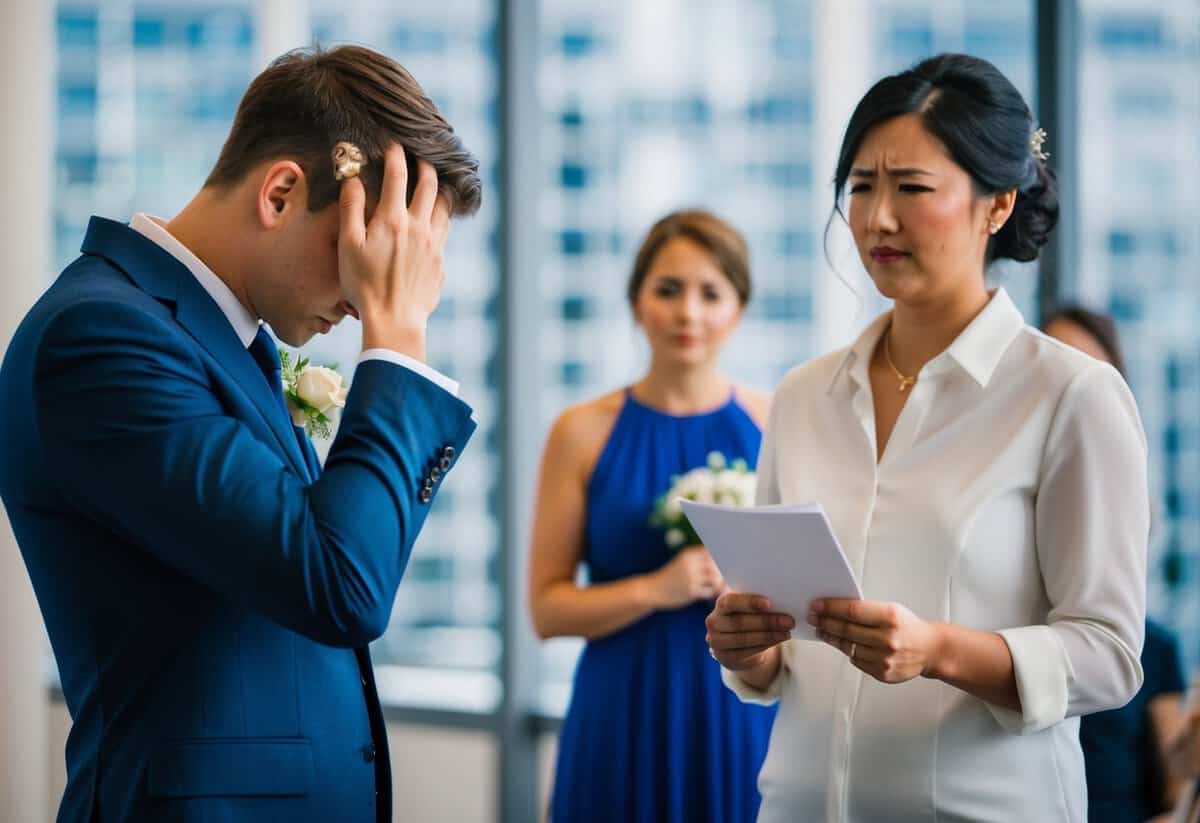 A person shaking their head while the wedding coordinator looks disappointed