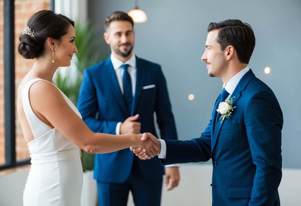 A person politely declining a wedding coordinator's services, with the coordinator nodding understandingly and offering a handshake