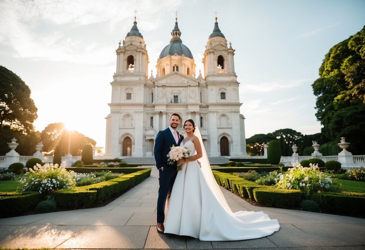 A glamorous bride and groom stand in front of a grand cathedral, surrounded by lush gardens and elegant architecture. The sun sets behind them, casting a warm glow over the scene
