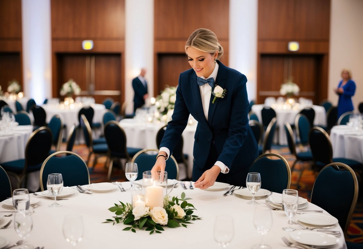 A wedding and events coordinator organizing seating arrangements and decorations for a large banquet hall