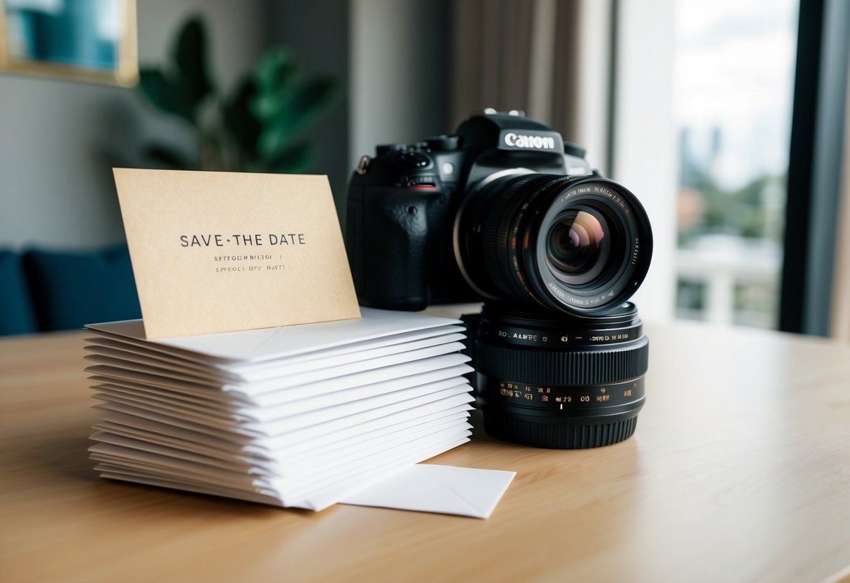 A stack of envelopes with a save-the-date card and a professional camera on a table