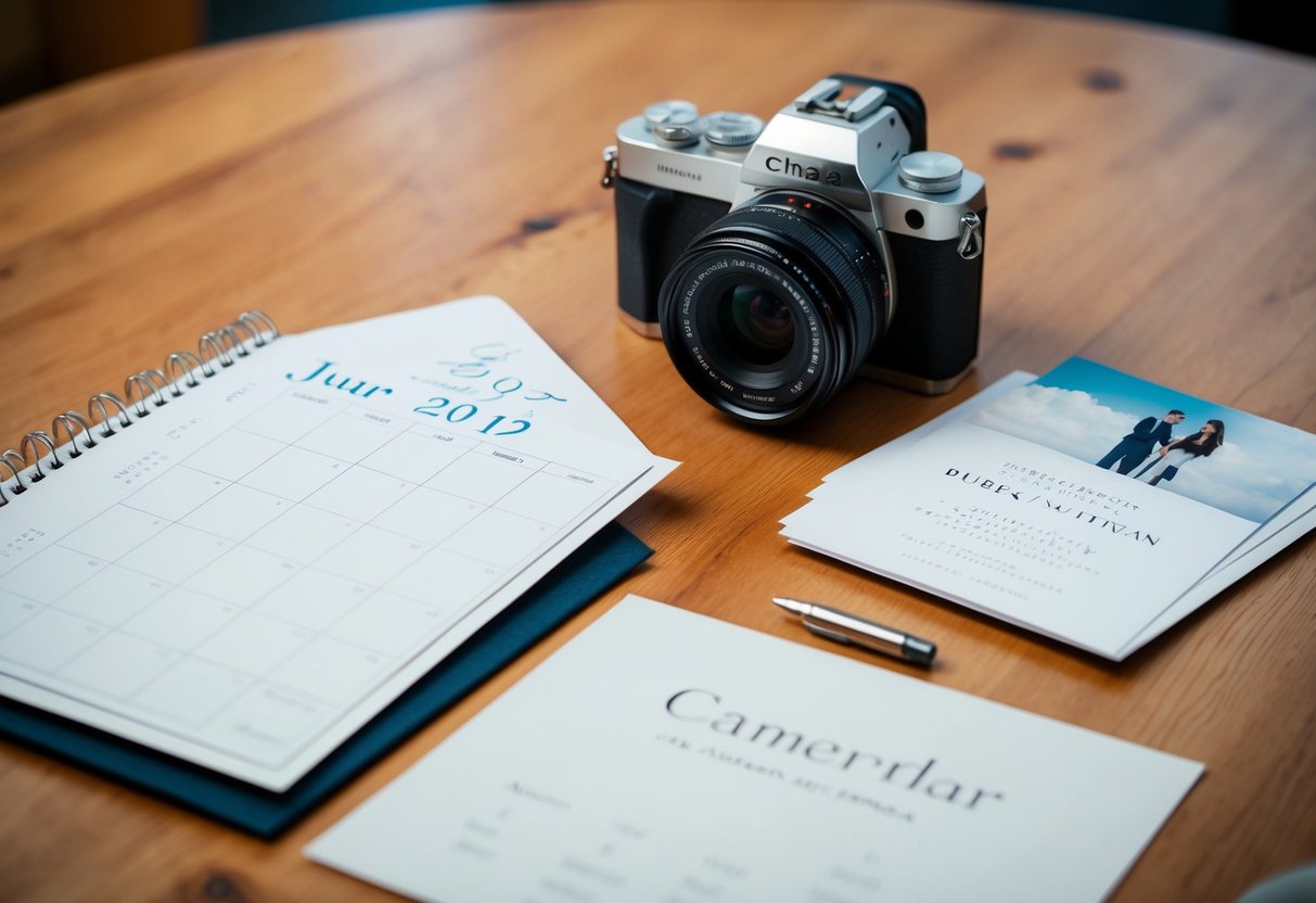 A table with a calendar, wedding invitations, and a camera on it