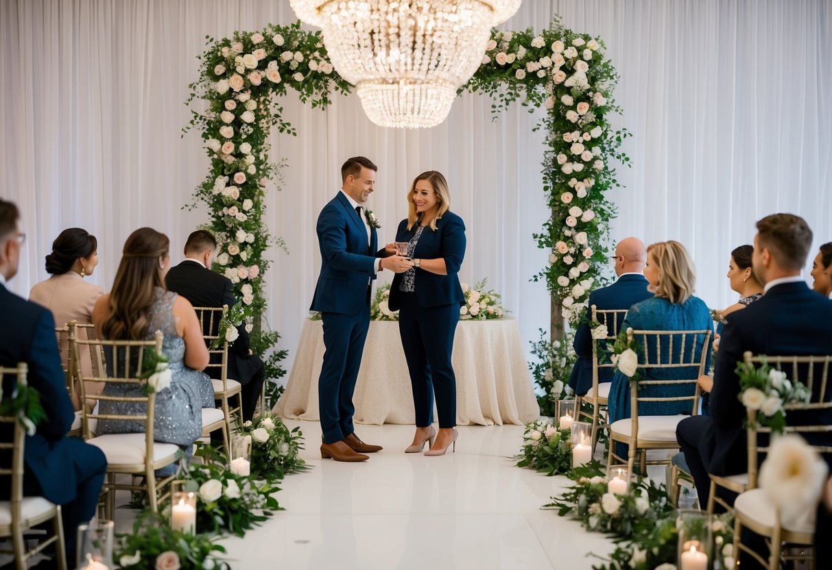 A wedding and events coordinator organizing a venue layout with seating arrangements, floral decorations, and lighting design