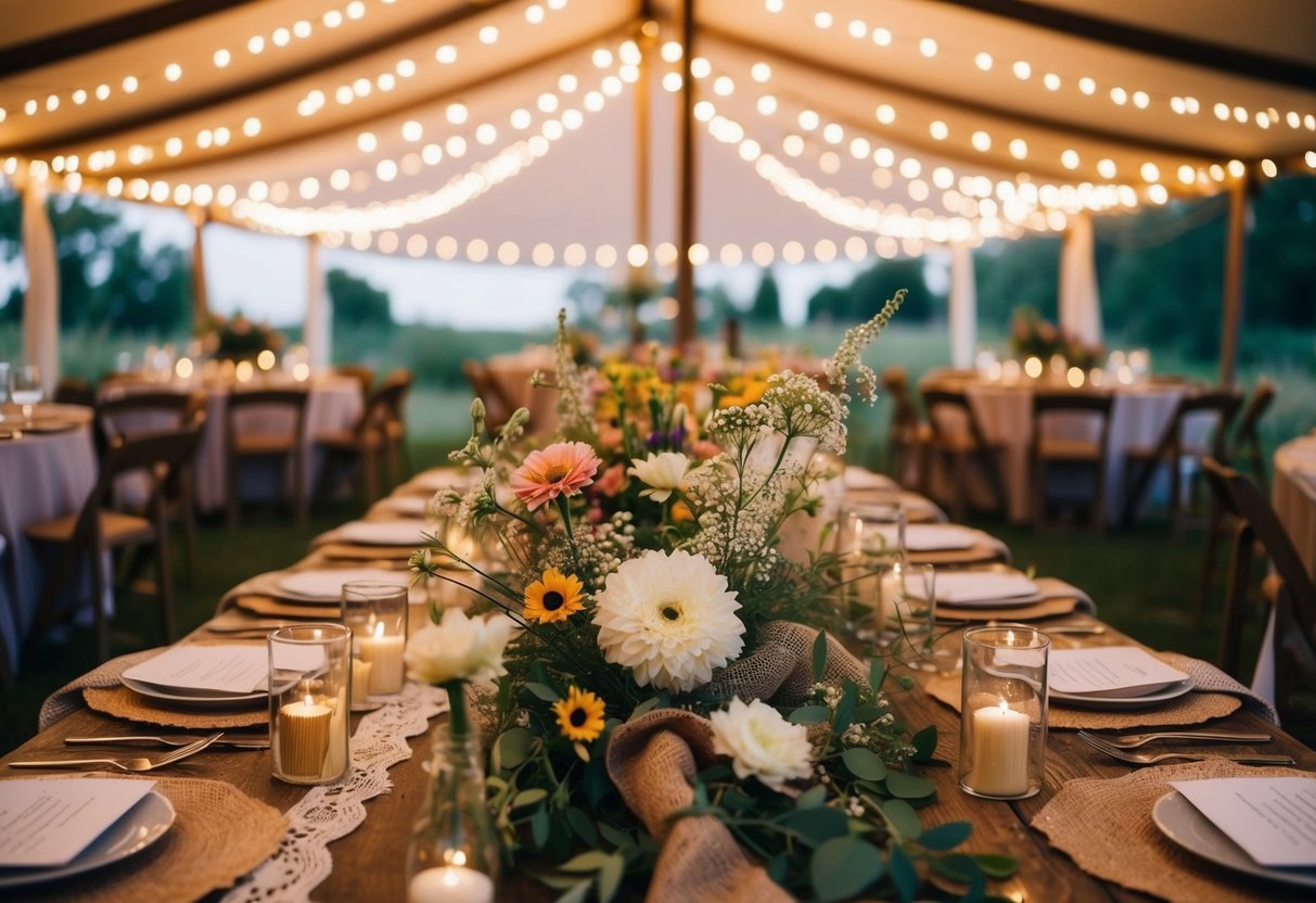 A rustic wedding venue adorned with string lights, wildflowers, and handmade burlap and lace decorations