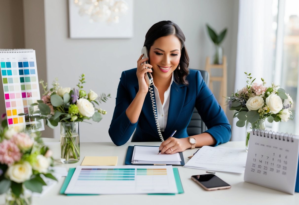 A wedding and events coordinator sits at a desk, surrounded by color swatches, floral arrangements, and a calendar. They are speaking on the phone, jotting down notes, and organizing paperwork