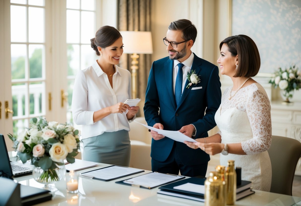 A wedding planner and a client discussing details and prices in an elegant, well-decorated office