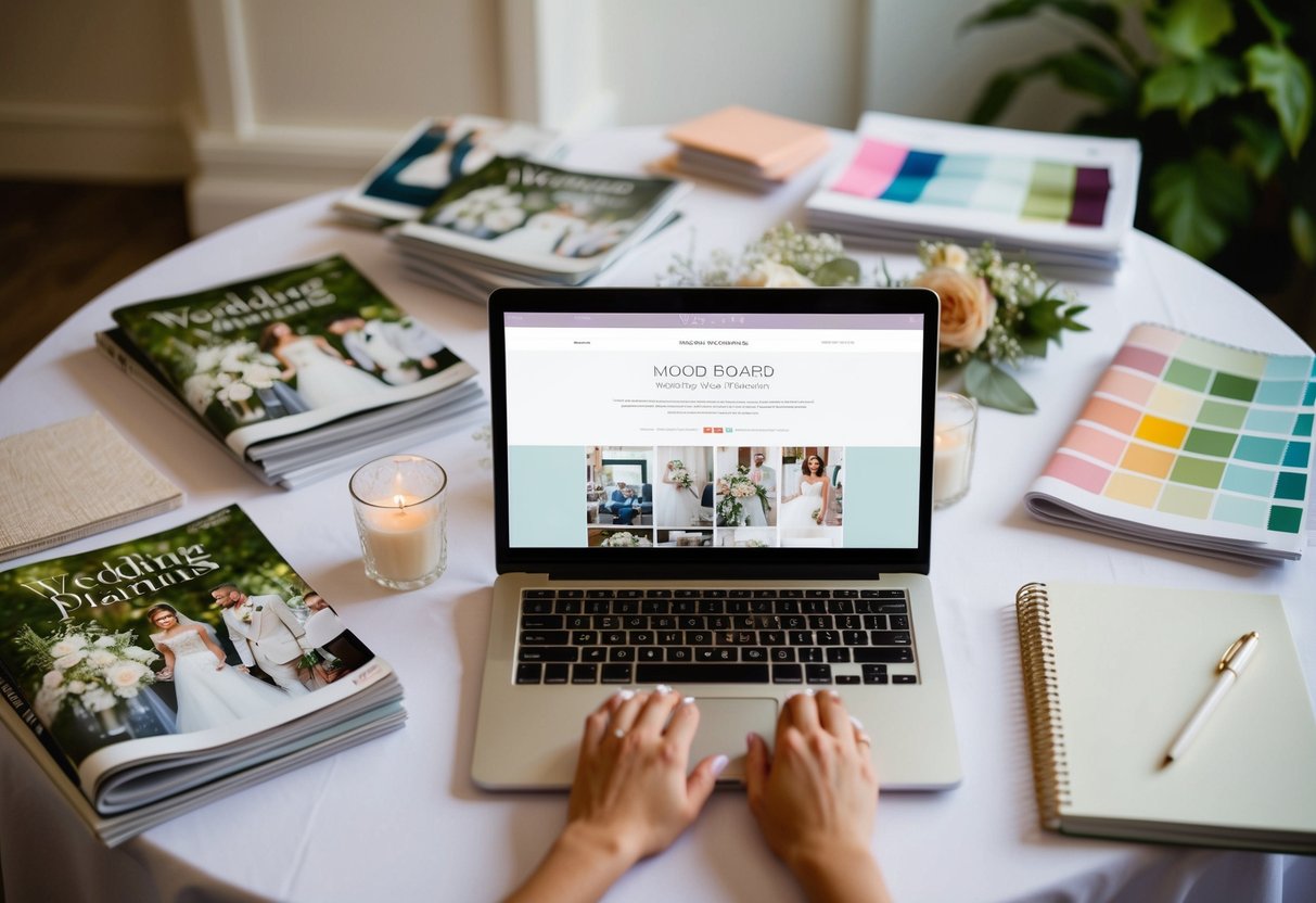 A table covered in wedding magazines, a notebook, and a laptop with a wedding planning website open. A mood board with color swatches and fabric samples