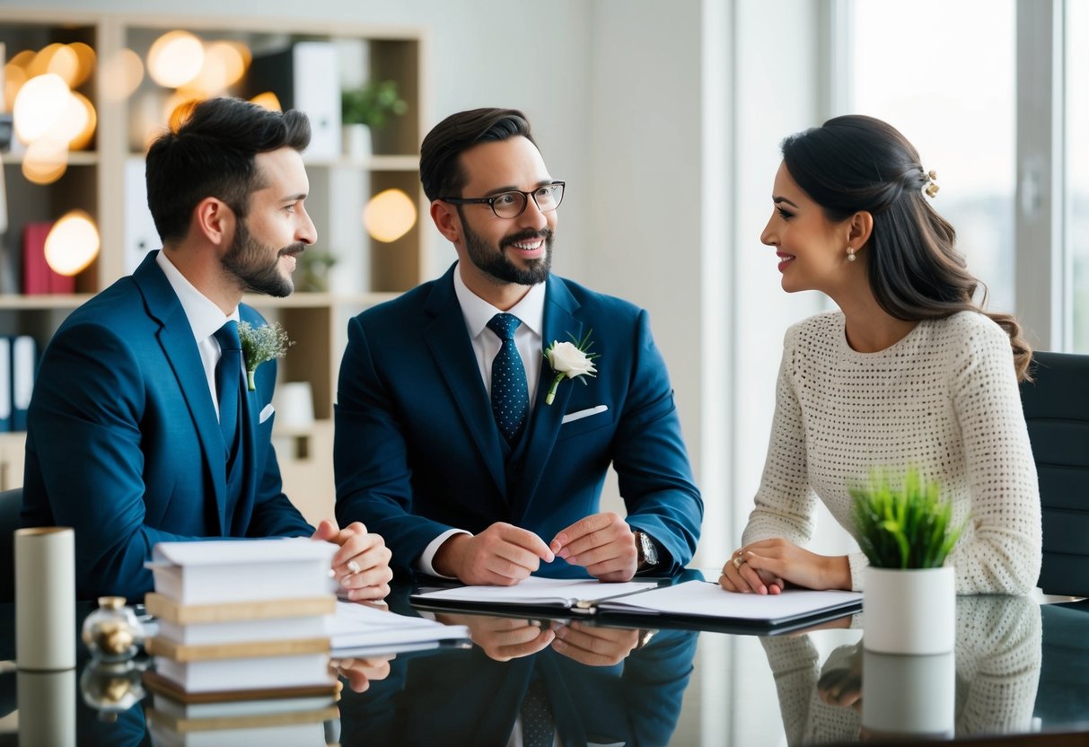 A wedding planner discussing services and fees with a couple at a stylish office desk