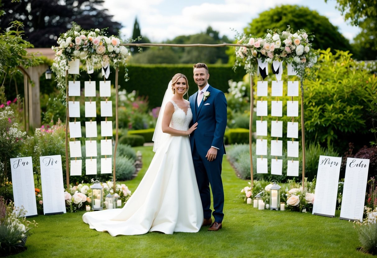 A bride and groom stand in a garden surrounded by personalized decorations, including custom-made centerpieces and a unique seating chart