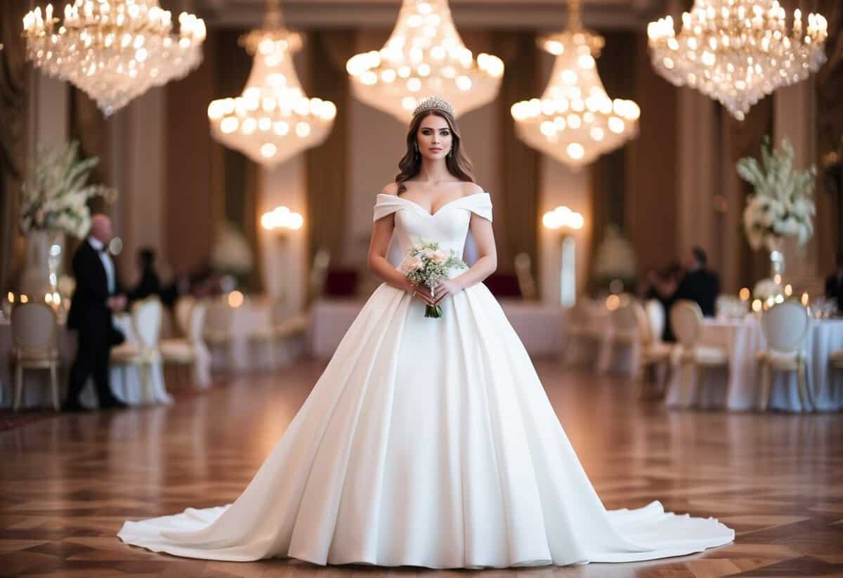 A princess in a flowing white gown stands in a grand ballroom, surrounded by opulent decor and twinkling chandeliers. Her hair is adorned with a sparkling tiara, and she holds a delicate bouquet of flowers