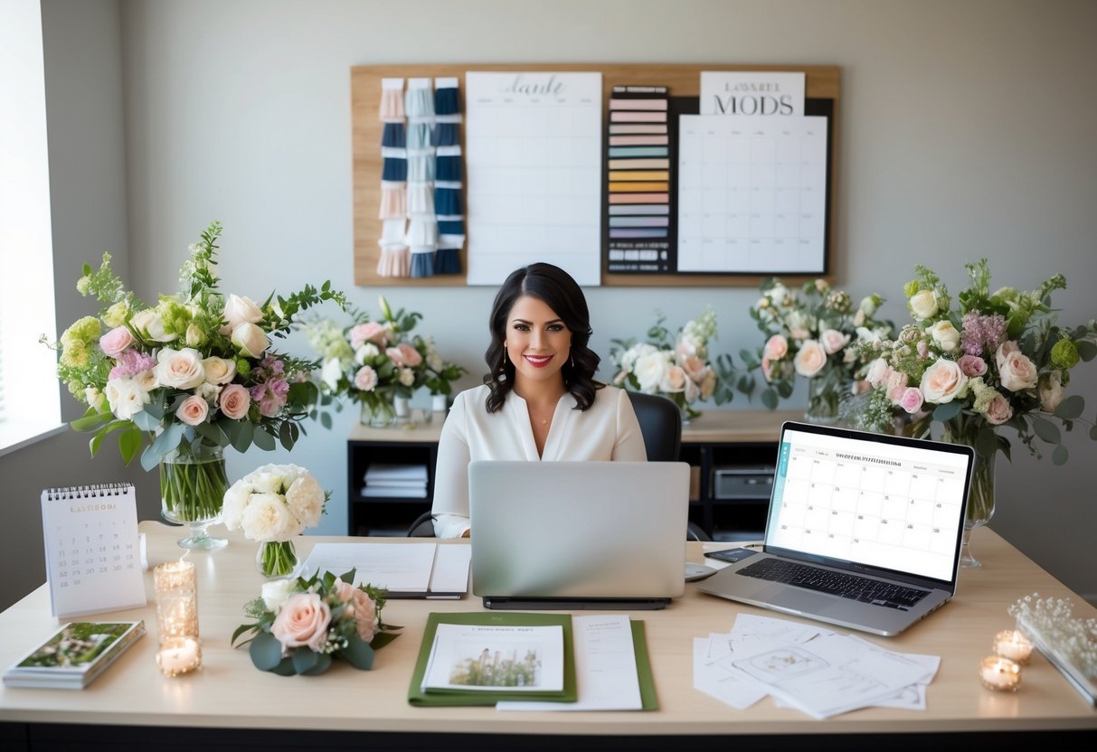 A wedding planner sits at a desk surrounded by floral arrangements, fabric swatches, and design sketches, with a laptop open to a calendar and a mood board pinned to the wall