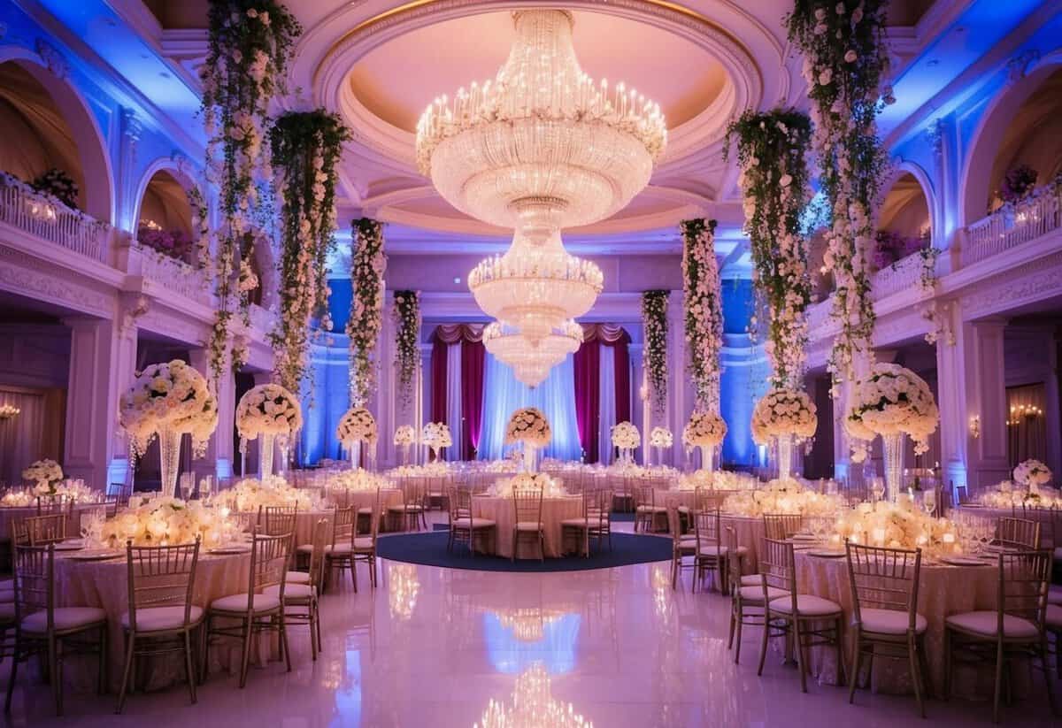 A grand ballroom adorned with twinkling lights, cascading flowers, and opulent decor fit for a princess's wedding reception
