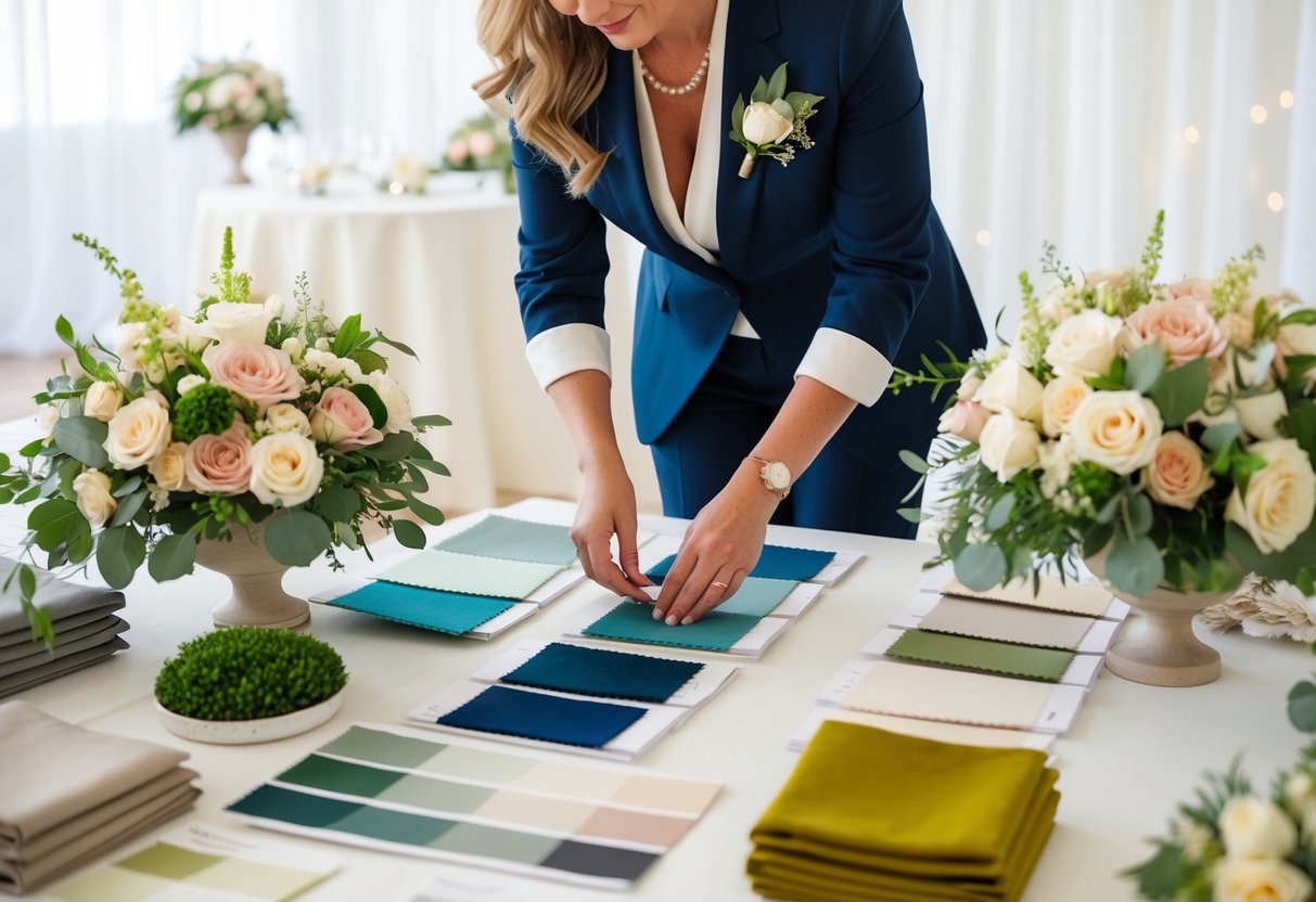 A wedding planner surrounded by color swatches, fabric samples, and floral arrangements, meticulously arranging the layout of a reception hall