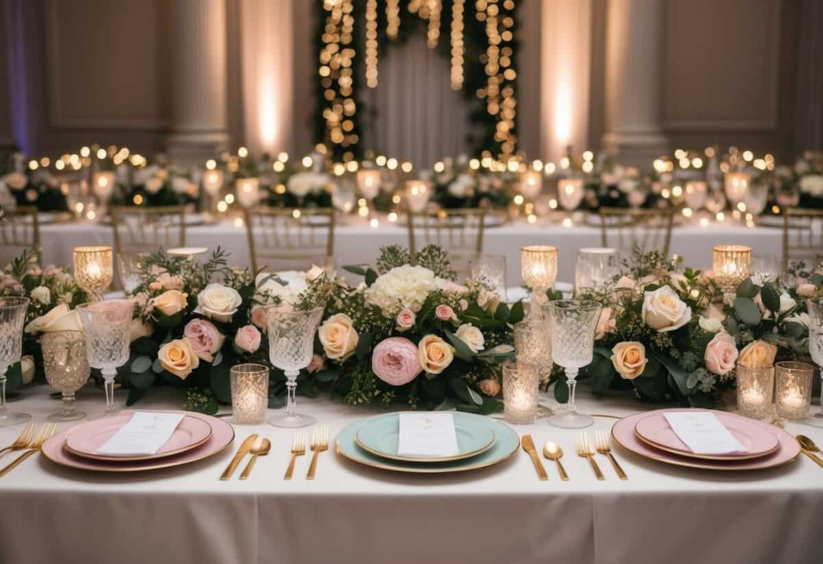 A grand banquet table adorned with elegant, pastel-colored dishes and sparkling glassware, surrounded by lush floral arrangements and twinkling fairy lights