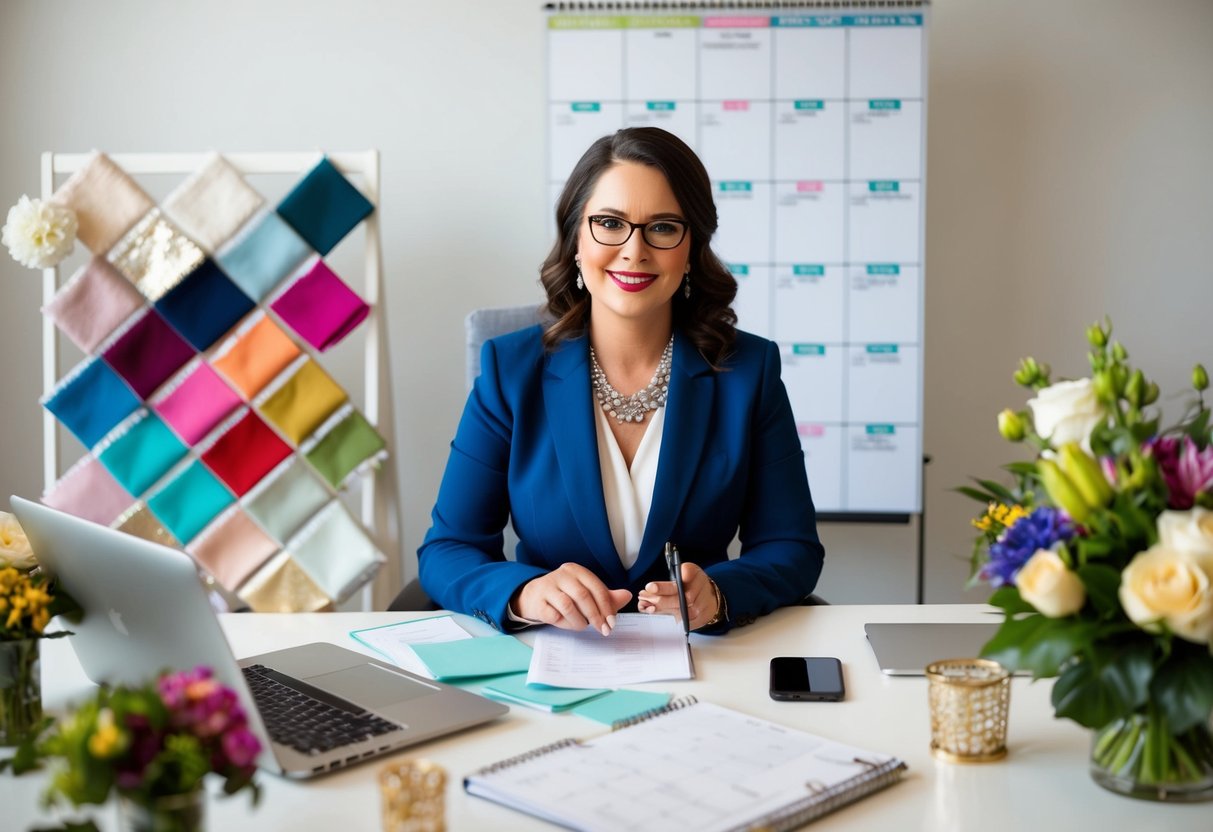 A wedding planner sits at a desk, surrounded by colorful fabric swatches, flower arrangements, and a calendar filled with upcoming events. A laptop and phone are within reach as they work on coordinating details for a client's special day