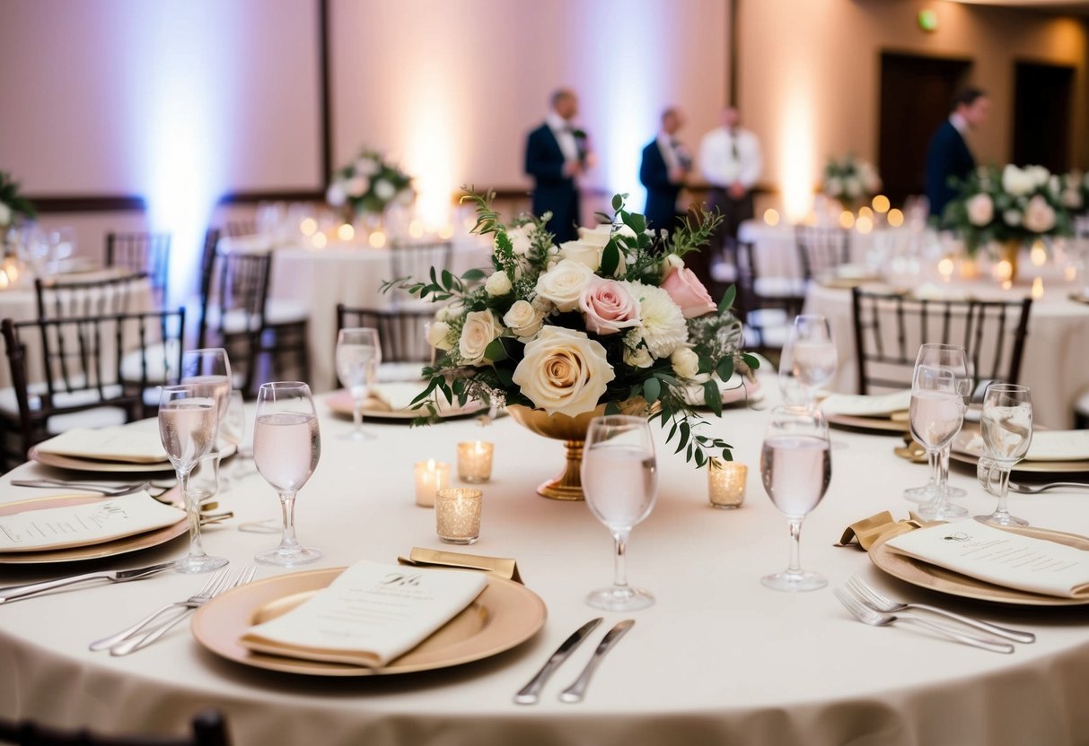 A table set for a wedding reception, with elegant place settings and floral centerpieces